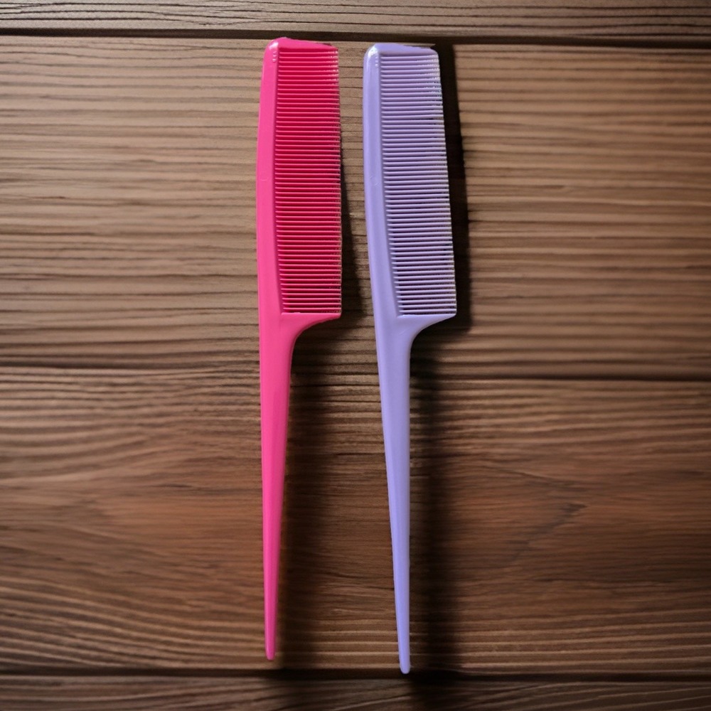 Vintage Fine Tooth Styling Hair Comb Rat Tail Plastic Pink Purple USA Lot Of 2